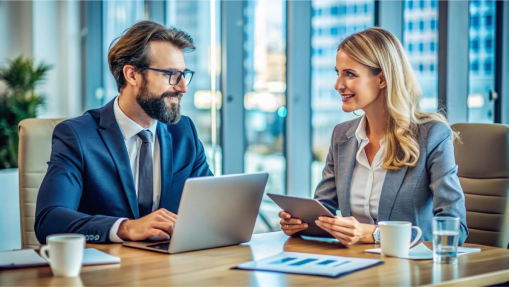 A man and woman in a business setting, engaged in conversation, illustrating estate tax planning or consultation.