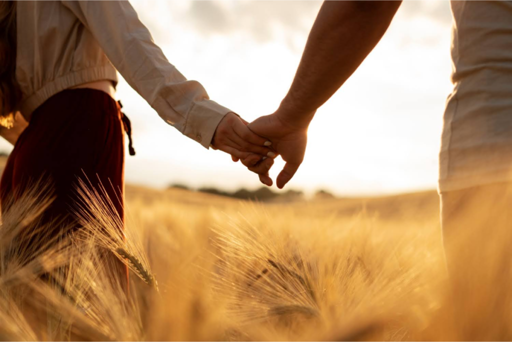 Two people holding hands in a field of wheat during sunset, with soft golden light illuminating the scene.